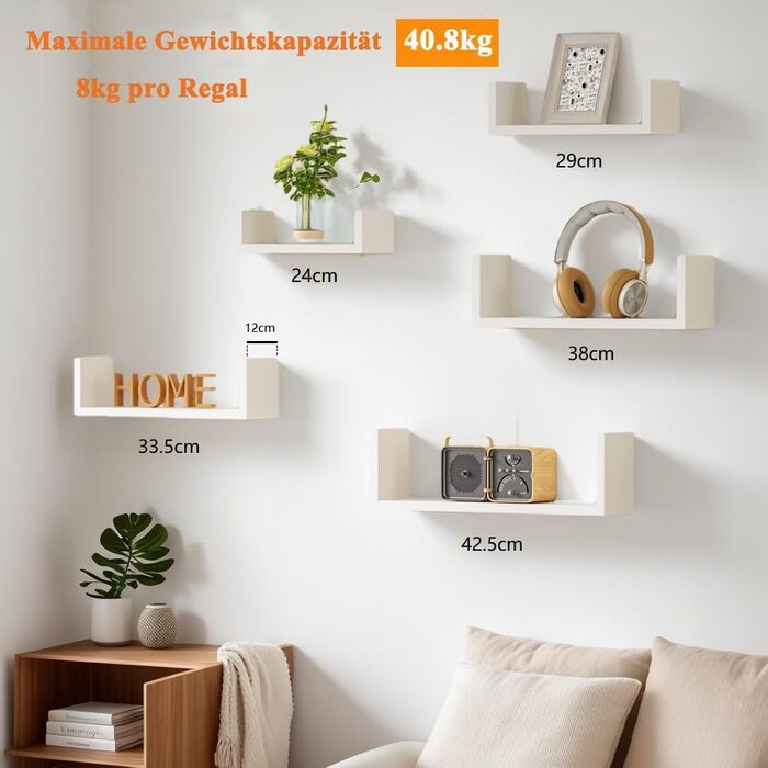 Настінна полиця SRIWATANA Біла, 5 шт. , дерев&39яна настінна полиця, плаваючі полиці, максимальне навантаження 40 кг, сучасний декор настінних дощок, настінні підвісні полиці своїми руками для вітальні, ванної кімнати, спальні, офісу, кухні (чисто біла)