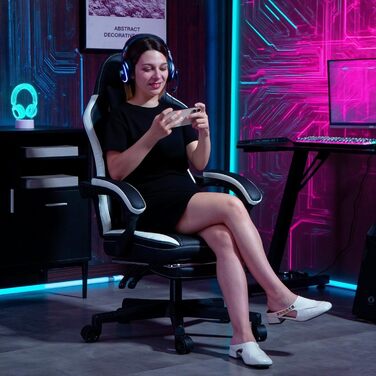 Ігрове крісло HOMCOM, ергономічне ігрове крісло з поперековою опорою, підставкою для ніг, регульоване по висоті ігрове крісло з підголівником, функція відкидання, офісне крісло з візерунком ромбоподібної прострочки, штучна шкіра, зелений колір