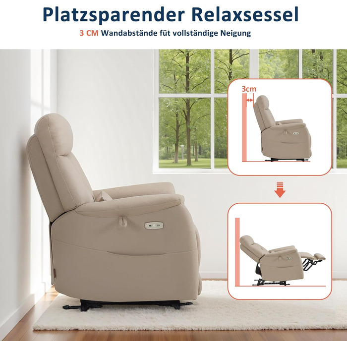 Крісло для телевізора M MCombo з електричним регулюванням, крісло-реклайнер з функцією відкидання, масажне крісло, висота 3 см біля стіни, крісло для телевізора для невеликих приміщень, USB-порт та поперекова подушка, вітальня, 7063 (бежево-коричневий)