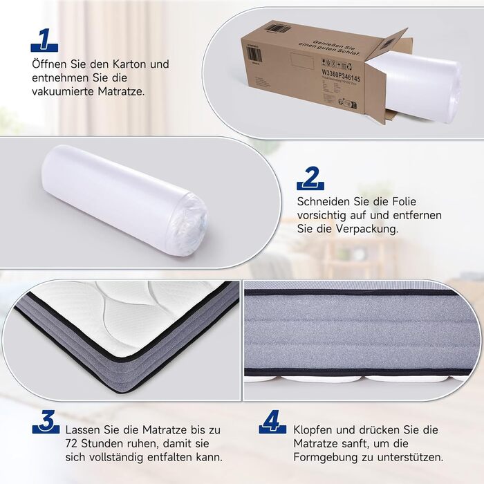 Матрац HAUSPROFI з 7-зонними пружинами Pocket Spring 90x200 см H3 Ортопедичний гібридний матрац з 1000 пружинами та піною з ефектом пам&39яті Сертифікований Oeko-TEX, повітропроникний та точково-еластичний 30-денний пробний період Висота 20 см H3 90 x 200