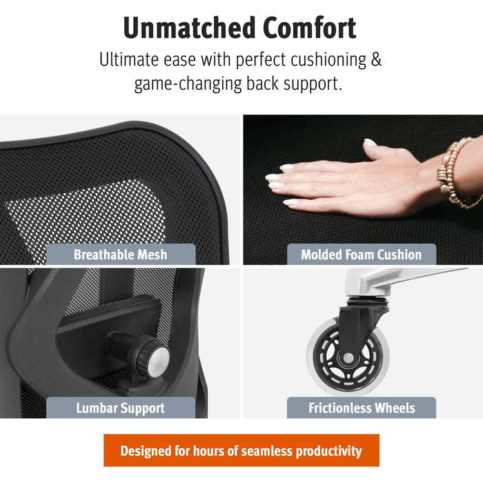 Ергономічне офісне крісло, регульоване робоче крісло з поперековою опорою та роликовими коліщатками, висока спинка, дихаюча сітчаста тканина, товста подушка сидіння, підголівник та підлокітники, чорний колір