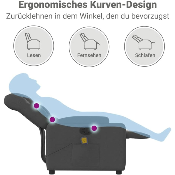 Масажне крісло vidaXL, крісло-реклайнер з регульованою спинкою, крісло для телевізора, розслаблююче крісло з функцією вібрації, м&39яке крісло-реклайнер, темно-сіра тканина