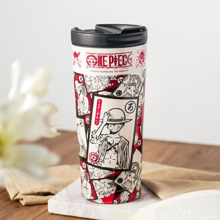 Термокружка Elbenwald One Piece - 425 мл - Кружка для кави з нержавіючої сталі з кришкою, що закручується, та отвором для пиття, що замикається (висота 19 см) - Біла/Червона з мотивом Луффі One Piece Luffy