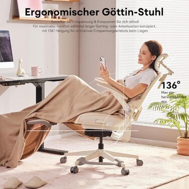 Ергономічне офісне крісло MUSSO E80 Muse FemmePosture для жінок - нахил 135 та 3D-підтримка попереку, підголівник 17 см 4D, висувна підставка для ніг, регулювання глибини/висоти сидіння, регульовані підлокітники (бежевий)