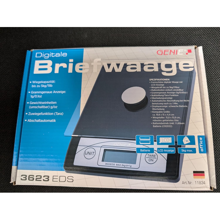 Цифрові літерні ваги Genie 3623 EDS (від 1 г до 5000 г виготовлені з міцного пластику зі скляною пластиною РК-дисплей) чорні одина