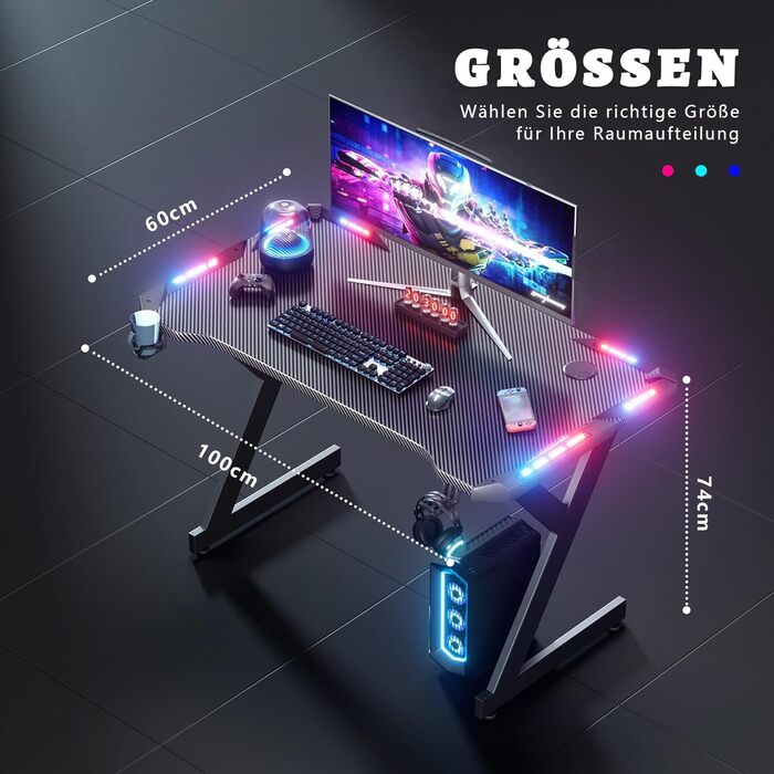 Ігровий стіл зі світлодіодним освітленням, ігровий стіл 100 x 60 см, міцний комп&39ютерний стіл з вуглецевим покриттям, ігровий стіл з підсклянником та гачком для навушників, чорний, стіл 100 см