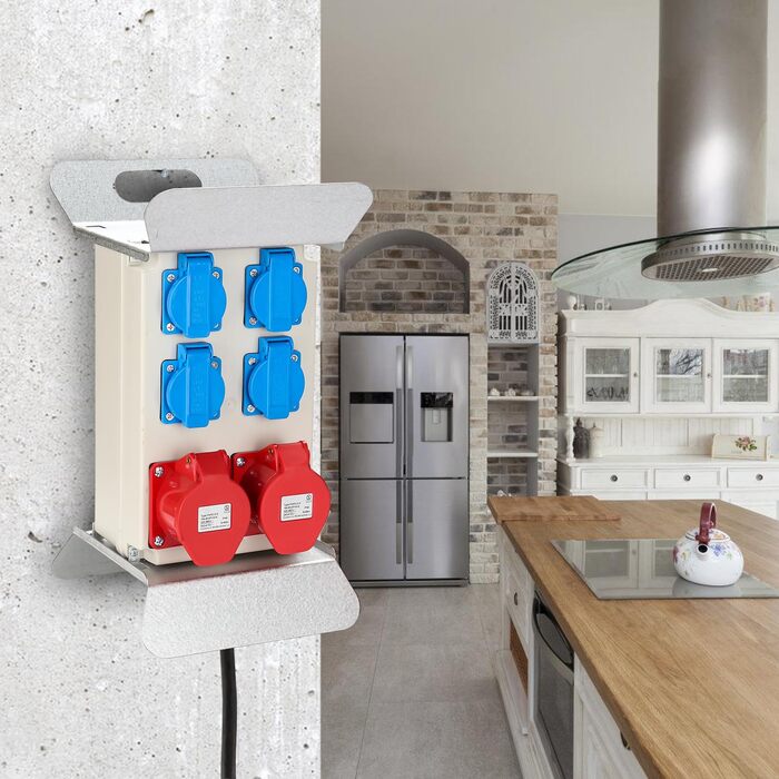 Розподільна коробка живлення, настінна, 2 шт. CEE 16A/400V 4 шт. 230V Schuko, IP44, 5-полюсна, розподільна коробка живлення для будівельного майданчика з безпечною для кабелів відкидною кришкою, для використання всередині та зовні приміщень, на будівельни