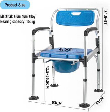 Туалетне крісло, приліжкове транспортне крісло колісне з регулюванням висоти, знімне мобільне сидіння для унітазу для людей похилого віку та інвалідів, крісло для душу з великим
