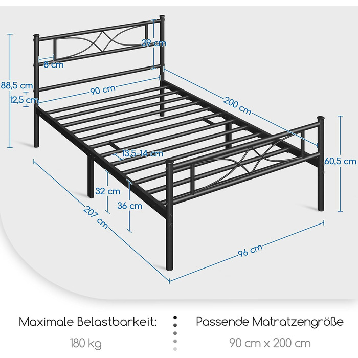 Металеве ліжко Yaheetech 90 x 200 см Каркас ліжка з високим узголів&39ям Гостьове ліжко з рейковою основою для спальні Кімната для гостей Багато місця для зберігання під ліжком Чорне 90 x 200 см