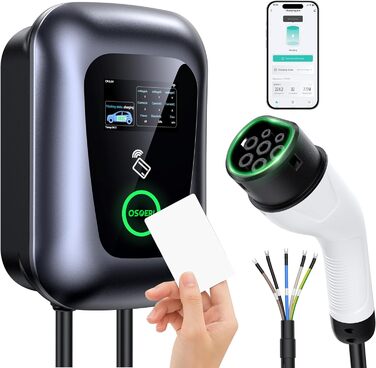 Зарядні пристрої для електромобілів Osoeri, 5 м зарядні пристрої для кабелю типу 2 з RFID та управлінням через додаток, 32 А заряд