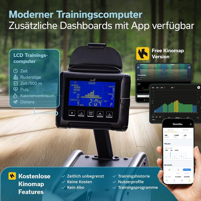 Гібридний гребний тренажер Skandika Nemo III Опір воді та магніту, 32 рівні електричного опору, 15 програм, до 200 см, сумісний із додатком, окремостоячий Водний гребний тренажер, домашнє фітнес-обладнання, чорний