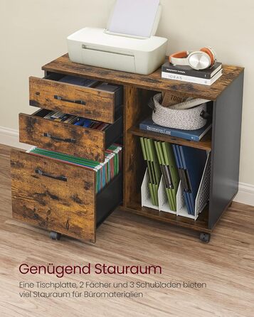 Мобільна картотечна шафа VASAGLE з 3 шухлядами та коліщатками, відкриті відділення, для документів формату DIN A4 та Letter, підставка для принтера, промисловий дизайн, вінтажний коричнево-чорний OFC041B01 Вінтажний коричневий чорний