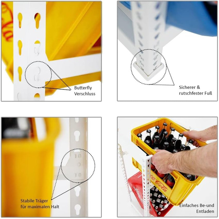 Полиця для напоїв PROREGAL Camel на 2 ящики, ВxШxГ 100x40x30 см, вантажопідйомність на полицю 100 кг, біла, полиця для льоху, полиця для зберігання, полиця для майстерні, полиця для гаража, ВxШxГ 100x40x30 см, біла