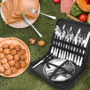 Набір столових приборів для кемпінгу, 20-предметний набір кемпінгового посуду для 4 осіб, нержавіюча сталь, з ложкою, виделкою, ножем, тарілкою та затискачем для кемпінгу, пікніків та походів
