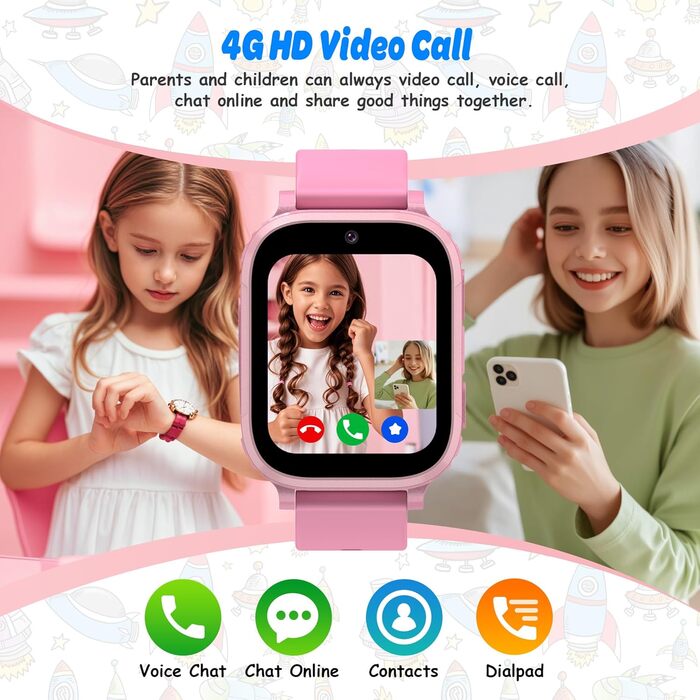 Дитячий смарт-годинник, дитячий смарт-годинник 4G з GPS та телефоном, дитячий годинник IP68, функція виклику, SOS, ігри, будильник, шкільний режим, SIM-телефон, смарт-годинник подарунок для дівчаток та хлопчиків, рожевий - 4G GPS