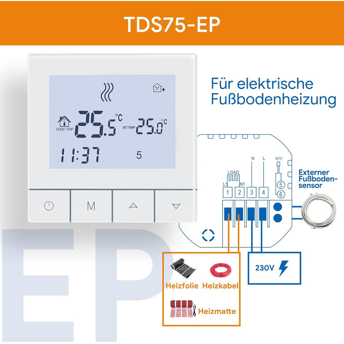 Термостат теплої підлоги для електричної теплої підлоги Термостат опалення Цифровий програмований кімнатний термостат Контроль теплої підлоги з датчиком 16A TDS75-EP Білий