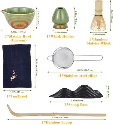 Набір для матчі Garvee 7 предметів керамічна чаша, бамбуковий вінчик (часен), підставка для вінчика, бамбусова ложка, підставка для ложки, ситечко з нержавіючої сталі та серветка для чаю для традиційних чайних церемоній та поціновувачів чаю колір зелений,