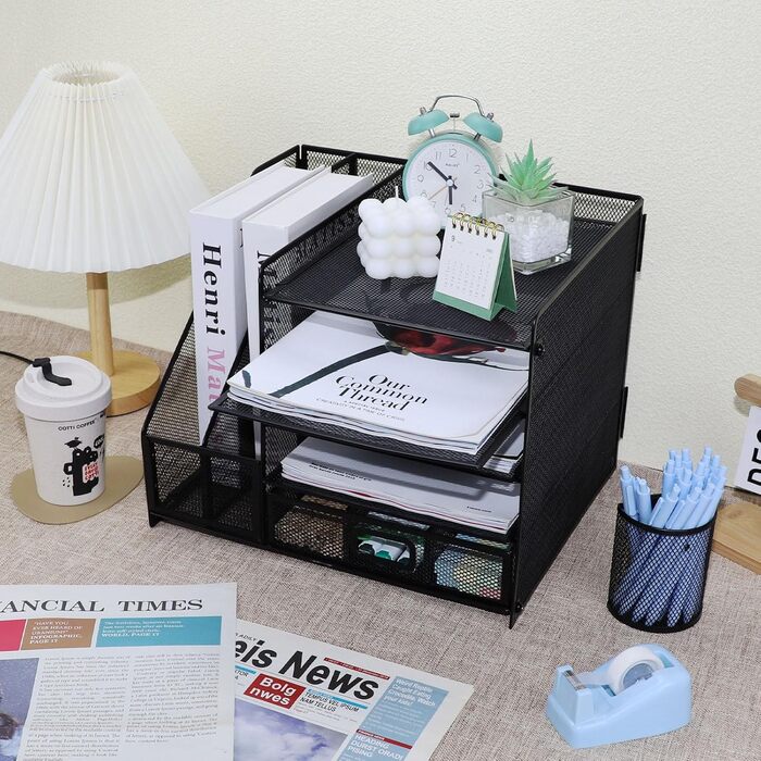 Сітчастий настільний органайзер з вертикальним тримачем для файлів, 5-ярусним лотком для паперу з висувною шухлядою та 2 тримачами для ручок, настільний органайзер з тримачем для журналів для офісного приладдя Black1
