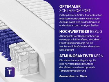 Матрац Traumnacht Premium 7-Zone 500 з пружинами Pocket Spring, рівень жорсткості 4 (H4), 90 x 200 см, сертифікований ko-Tex, виготовлений відповідно до німецьких стандартів якості, рівень жорсткості 4 - жорсткий, 90 x 200 см