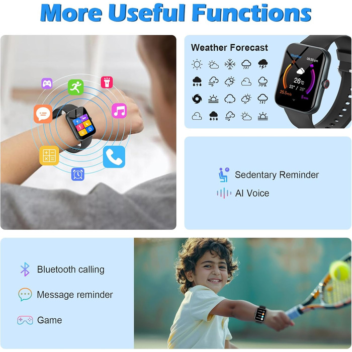 Дитячий смарт-годинник, дитячий спортивний фітнес-годинник для дівчаток та хлопчиків з крокоміром, понад 100 спортивних режимів, будильник, ігри, секундомір, дитячий годинник, повідомлення, годинник активності для підлітків 5-16 років, подарунки, чорний