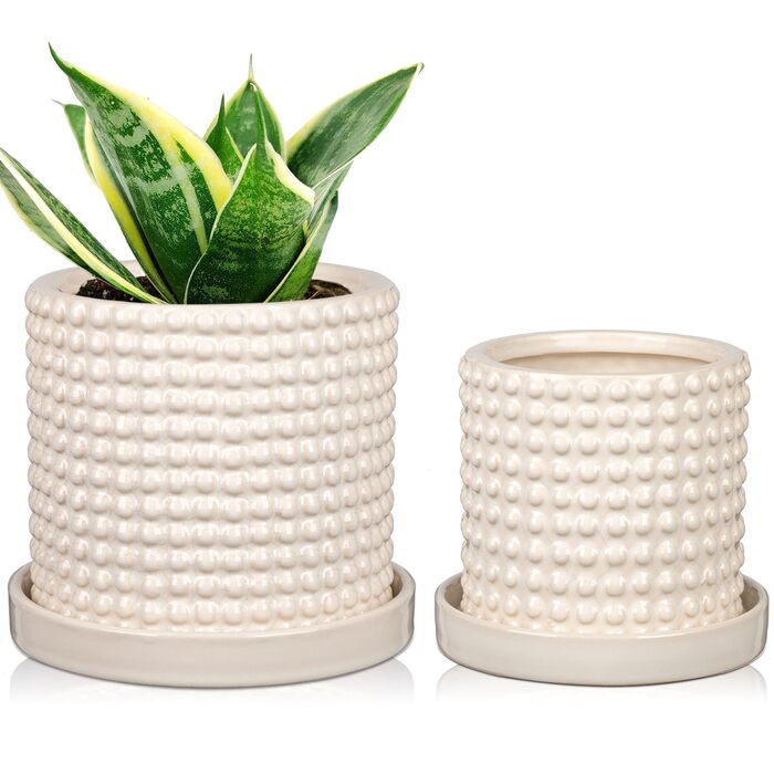 Набір із 2 керамічних квіткових горщиків, 15 см 11 см, з бульбашками та дренажними отворами, сині квіткові горщики з перловим дизайном, декоративні кімнатні квіткові горщики, підходять для кактусів та ампельних рослин, білий-2