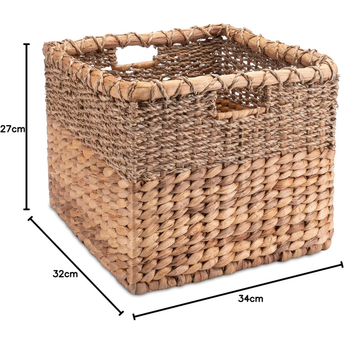 Плетений кошик для зберігання з водяного гіацинта та морської трави, прямокутний - квадратний кошик з полицями - Kallax/Expedit - Д 34 см, , натуральний