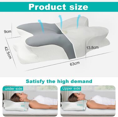 Подушка з піни з ефектом пам&39яті, подушка для підтримки шиї, подушка для шиї, подушка для голови від болю в шиї, ортопедична подушка, ергономічна подушка для сну на боці, спині та животі 63 x 42,5 x 13,8/9 см (1 упаковка)