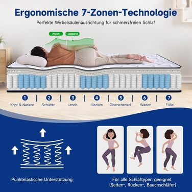 Матрац HAUSPROFI з 7-зонними пружинами Pocket Spring 90x200 см H3 Ортопедичний гібридний матрац з 1000 пружинами та піною з ефектом пам&39яті Сертифікований Oeko-TEX, повітропроникний та точково-еластичний 30-денний пробний період Висота 20 см H3 90 x 200