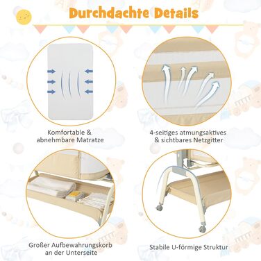 Дитяче ліжечко COSTWAY 4 в 1 з москітною сіткою, бічним ліжком, колискою та люлькою, а також дорожнім ліжком з матрацом, 6 регульованих рівнів висоти, сумкою для перенесення, складним портативним ліжечком для дітей до 6 місяців (бежевий)