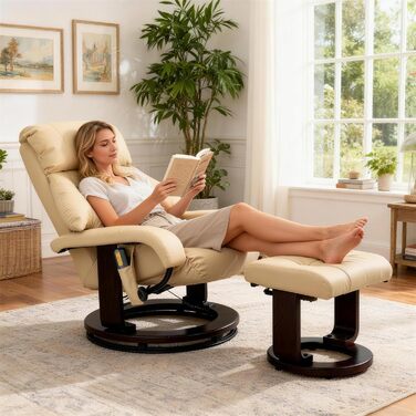 Крісло-реклама Mingone з функцією відкидання, електричне крісло для телевізора з підставкою для ніг, масажне крісло з функцією підігріву, крісло для телевізора для вітальні, поворотне на 360, штучна шкіра, бежевий