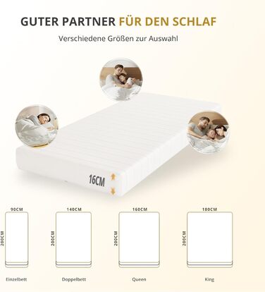 Матрац 90x200 середньої жорсткості 16 см - Ергономічний 7-зонний високоякісний матрац з холодної піни з чохлом, що прається, дихаючий матрац з піни, що згортається, сертифікований стандарт Oeko-Tex 100 16 см 90 x 200 см