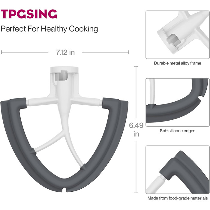 Аксесуари для мішалки TPGSING Flexi для мішалки Kitchenaid, плоска мішалка для мішалки аксесуарів Kitchenaid, підходить для насадки для нахиленої головки на 4.5-5 літрів для кухонного комбайна kitchenaid зі скребком