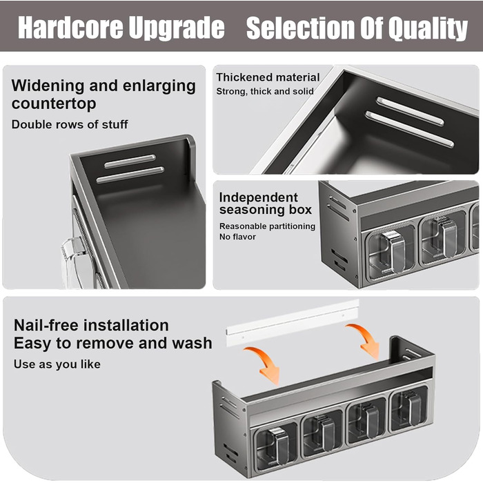 Підставка для спецій з банками для спецій, окремостояча та настінна підставка для спецій, банки для спецій з полицею, підставка/тримач для спецій, органайзер для спецій для кухонної стільниці та шафи, підвісні підставки для спецій (не потребує свердління)