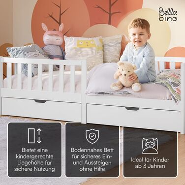 Дитяче ліжко Bellabino Vere 90x200 см Ліжко Монтессорі із захистом від падіння, рейковою основою та 2 шухлядами Дитяче ліжко з масиву сосни для хлопчиків та дівчаток Ліжко для малюків білого кольору з місцем для зберігання, біле 90x200 см з шухлядами, мат