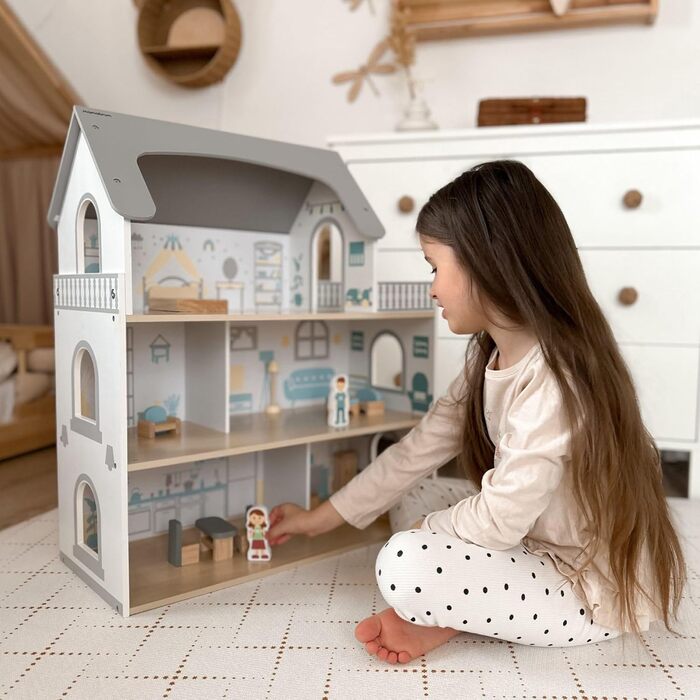 Дерев&39яний ляльковий будиночок Mamabrum, 3-поверховий, з меблями та аксесуарами - Перевірений на безпеку дитячий ігровий будиночок для рольових ігор - Ляльковий будиночок зі спальнею, вітальнею, кухнею та ванною кімнатою, сучасний мінімалістичний