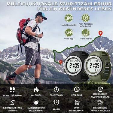 Водонепроникний годинник-крокомір для людей похилого віку без Bluetooth, не потрібен додаток, з крокоміром, лічильником калорій та великими РК-цифрами, чорний
