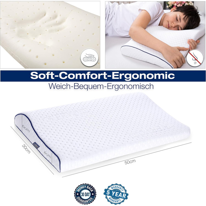 Ергономічна дитяча подушка 66x33 Oeko-Tex Memory Foam Flat дитяча подушка для дітей та малюків від 2 років (60 x 30 x 6/4 см)