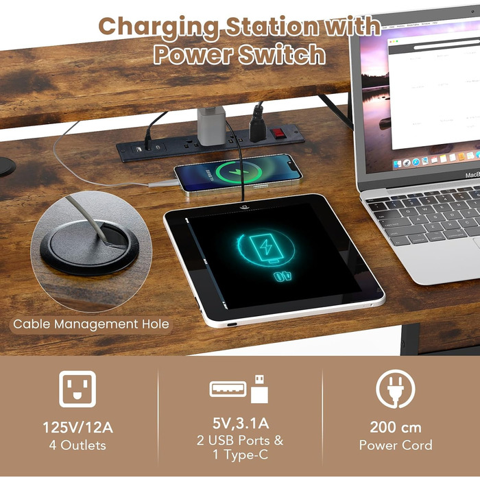 Г-подібний комп&39ютерний стіл GIANTEX, кутовий стіл зі світлодіодним підсвічуванням, стіл з підставкою для монітора, сумкою для зберігання, гачком для навушників, полицею та зарядною станцією (коричневий) Коричневий/Чорний