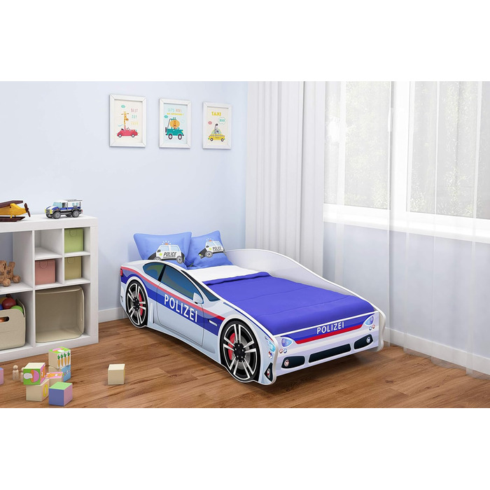 Дитяче ліжко-автомобіль ACMA, дизайн Police, із захистом від падіння, рейковою основою та матрацом (Police 3, 160x80 см ім&39я) 160x80 см ім&39я Police 3