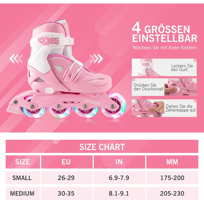 Роликові ковзани дитячі для дівчаток, регульовані 4 розміри роликових ковзанів з підсвічуванням коліс для дівчаток S26-29 EU рожев