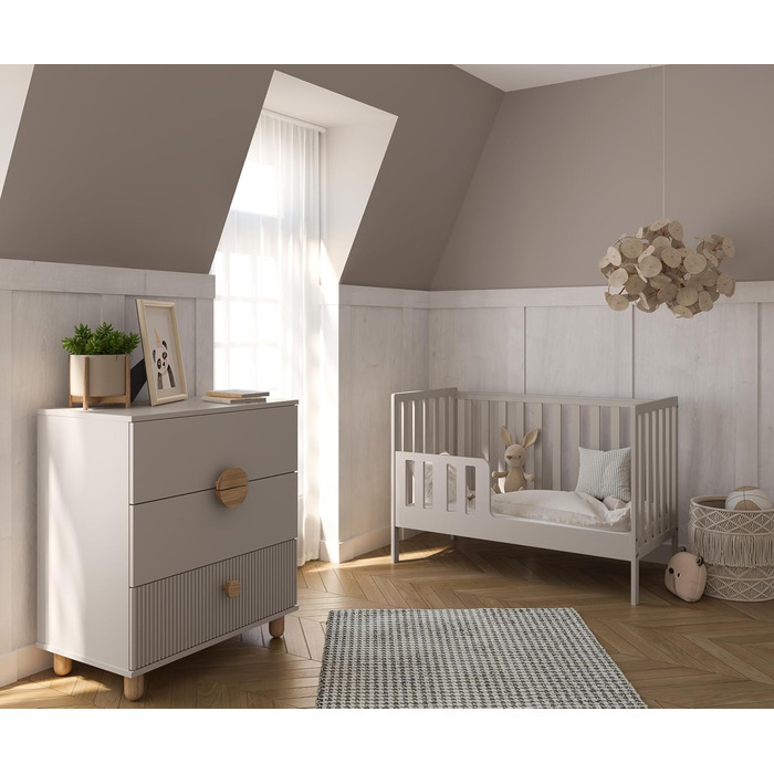 Дитяче ліжечко, ліжко Bambi 2-в-1 - Трирівневе регулювання для дитини, яка не сидить, сидить та стоїть - Два знімні поручні - з захисним бортиком - 60x120x86 см, Кашемір