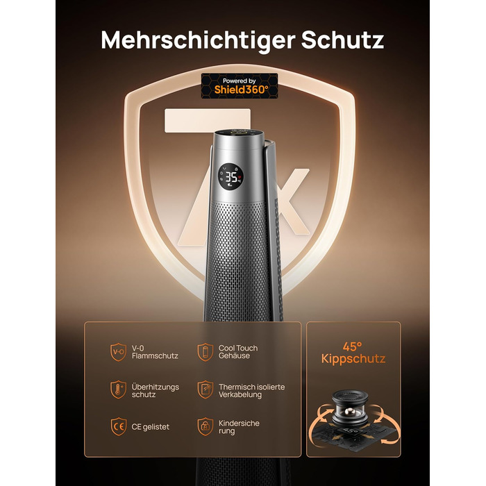 Енергозберігаючий електричний обігрівач Dreo, 2000 Вт з пультом дистанційного керування, тихий 25 дБ, коливання 120, термостат, 5 налаштувань нагріву та 3 швидкості вентилятора, 7-позиційний захист, 12-годинний таймер, керамічний нагрівач PTC, сріблястий