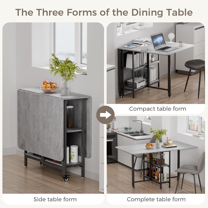 Мобільний розкладний обідній стіл Mondeer, розкладний стіл з 2 відкритими полицями для невеликих приміщень, їдальня, кухня, 140 x 80 x 75 см, сірий