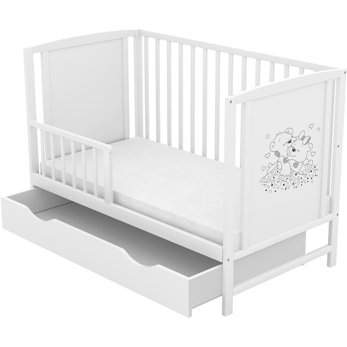 Дитяче ліжко Generic Baby Deluxe 60x120, що трансформується в дитяче ліжко білого кольору, з шухлядою та матрацом з алое вера, регульованою висотою та знімними поручнями (захисна поручень Mia для шухляди)