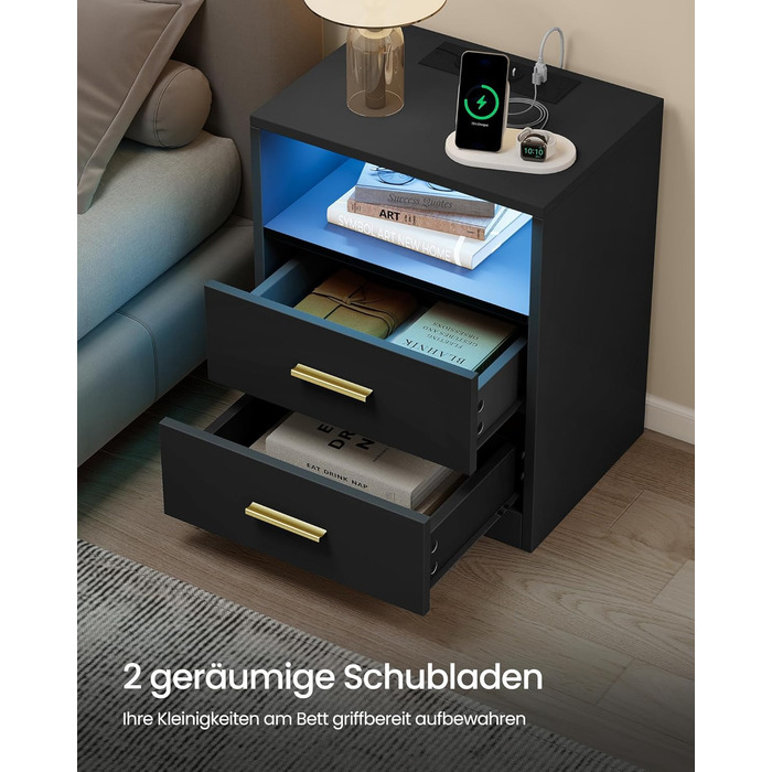 Колекція Custos - Тумбочка із зарядною станцією, комплект із 2 шт. , світлодіодне підсвічування, бічний столик, сучасний, з шухлядами, 2 розетками змінного струму та USB-портами, чорний колір LET829BC01 чорний колір 2 комплекти