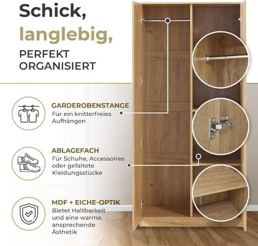 Шафа Eiselfing, 2-дверна шафа, 176 x 80 x 52 см, Шафа для спальні, 1 вішалка для одягу, 4 полиці, під дуб, дуб, 176 x 80 x 52 см - 4 полиці