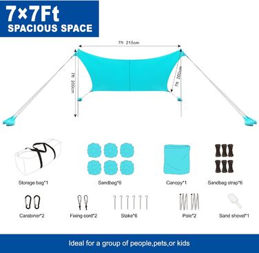 Портативний сонцезахисний намет з 2 стійками, пляжний намет для захисту від сонця, сонцезахисний тент для пляжу, саду, кемпінгу, патіо, 215x200 см (2*2 м), 2 стійки