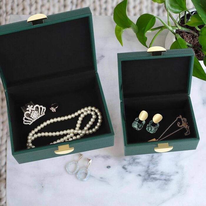 Шкатулки для ювелірних виробів HofferRuffer зі штучної шкіри, декоративні шкатулки, шкатулки для зберігання, органайзери для аксесуарів із золотистою фурнітурою, класична веганська шкіра, набір з 2 шт. (зелений)