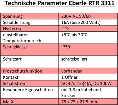 Кімнатний регулятор температури Eberle RTR-E 3311 з кабелем 1,8 м та вилкою 16 А для електричного опалення