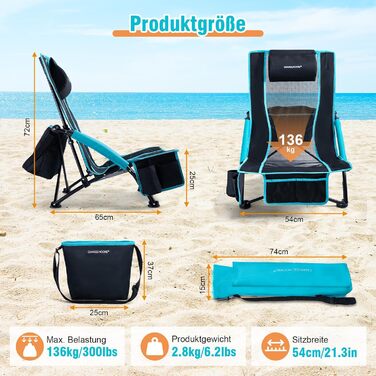 Пляжний стілець CHANGEMOORE з сумкою-холодильником 2-в-1, складний, 136 кг, вкл. тримач для напоїв, знімну подушку та сумку для перенесення для пляжу, саду, пікніка, подорожей (синій) комплект з 2 предметів